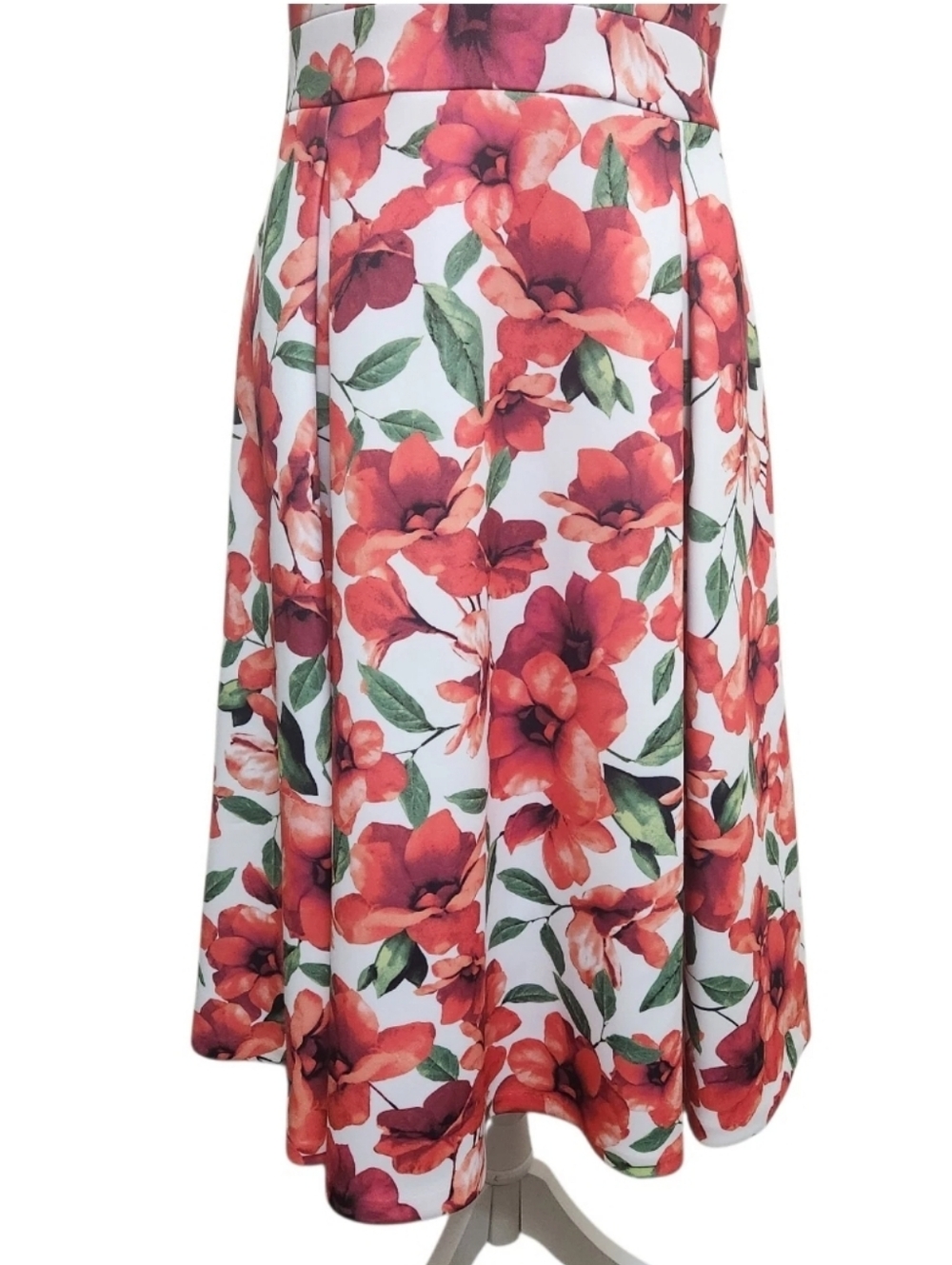 Calvin Klein Floral Fit Flare Dress Womens 10 Red White Pleated Stretch Midi - Picture 6 of 16